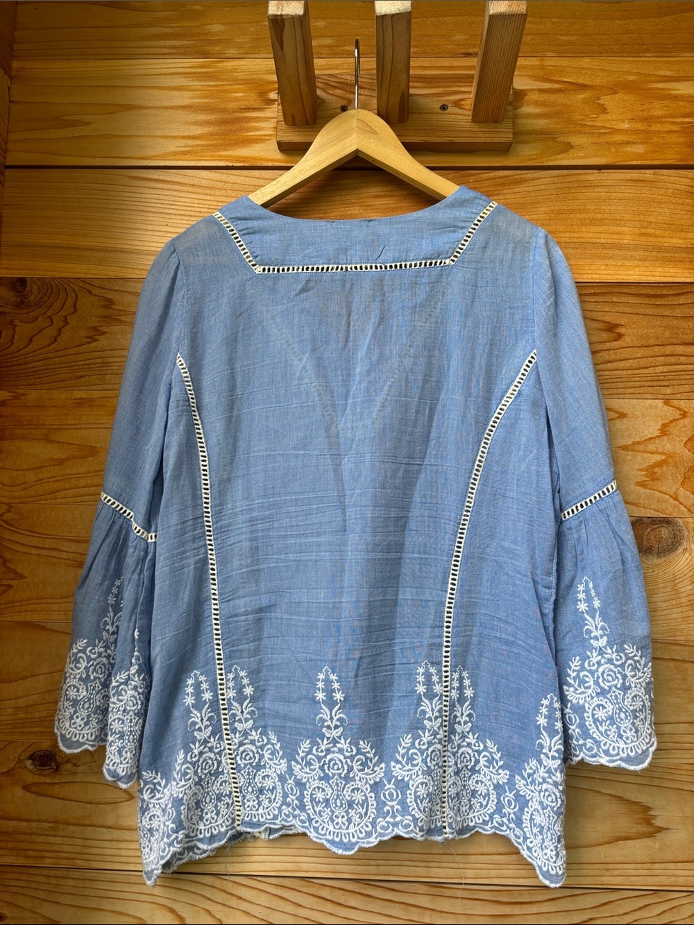 Sundance Embroidered Blue Cotton Bell Sleeve Boho Tunic Top Medium - Picture 6 of 8